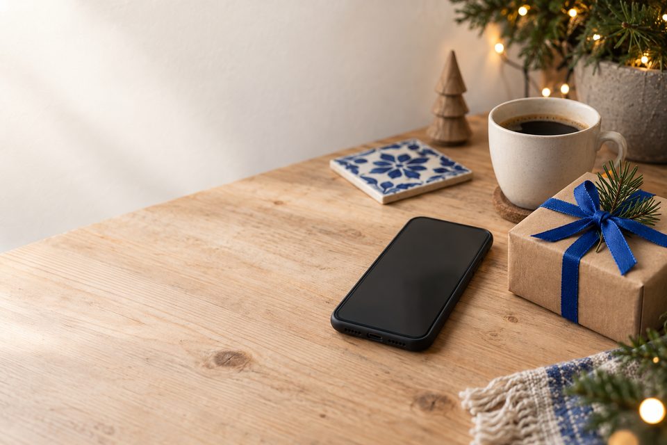 Un celular junto a un regalo con listón azul sobre una mesa de madera, con luces de Navidad al fondo