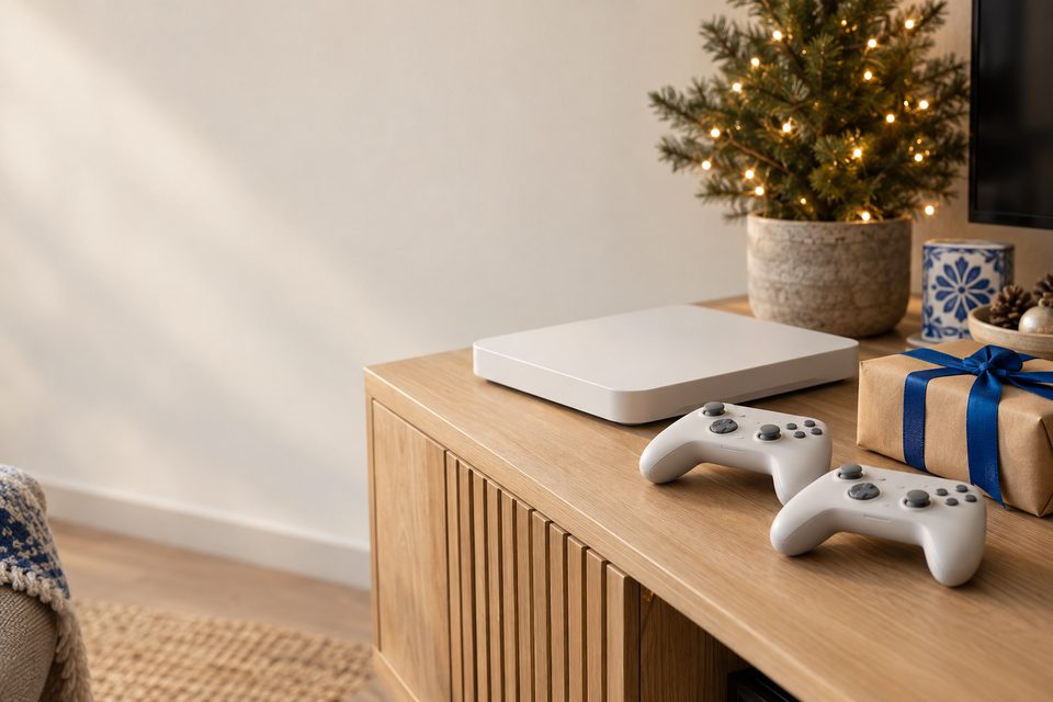 Una consola blanca con dos controles y un regalo con listón azul sobre un mueble de madera, junto a un arbolito de Navidad