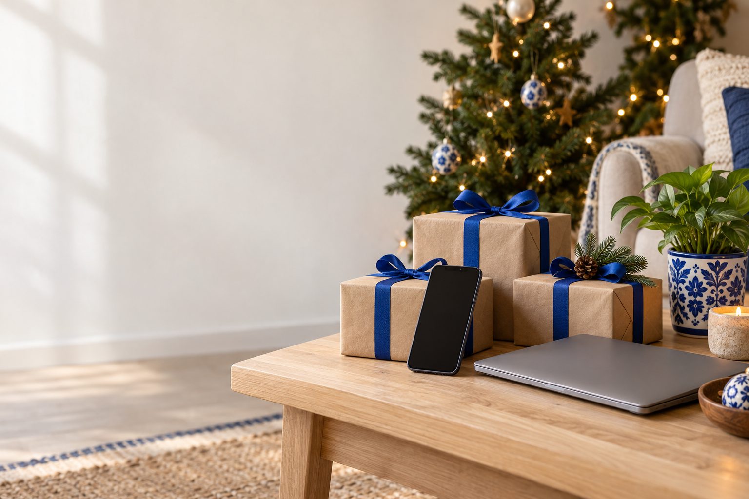 Regalos envueltos en papel kraft con listón azul, un celular y una laptop sobre una mesa de madera, con un arbolito de Navidad al fondo