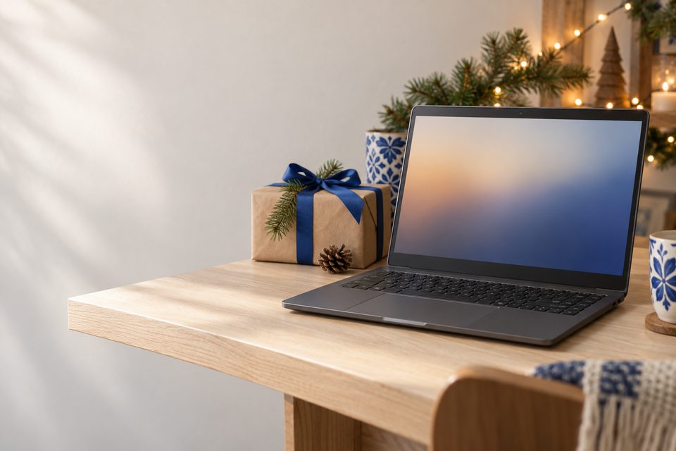 Una laptop abierta junto a un regalo con listón azul en un escritorio de madera, con adornos navideños