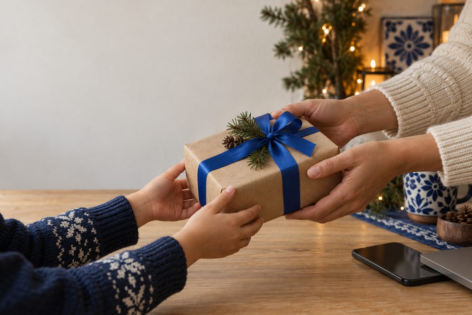 Un adulto entrega a un niño un regalo envuelto en papel kraft con listón azul
